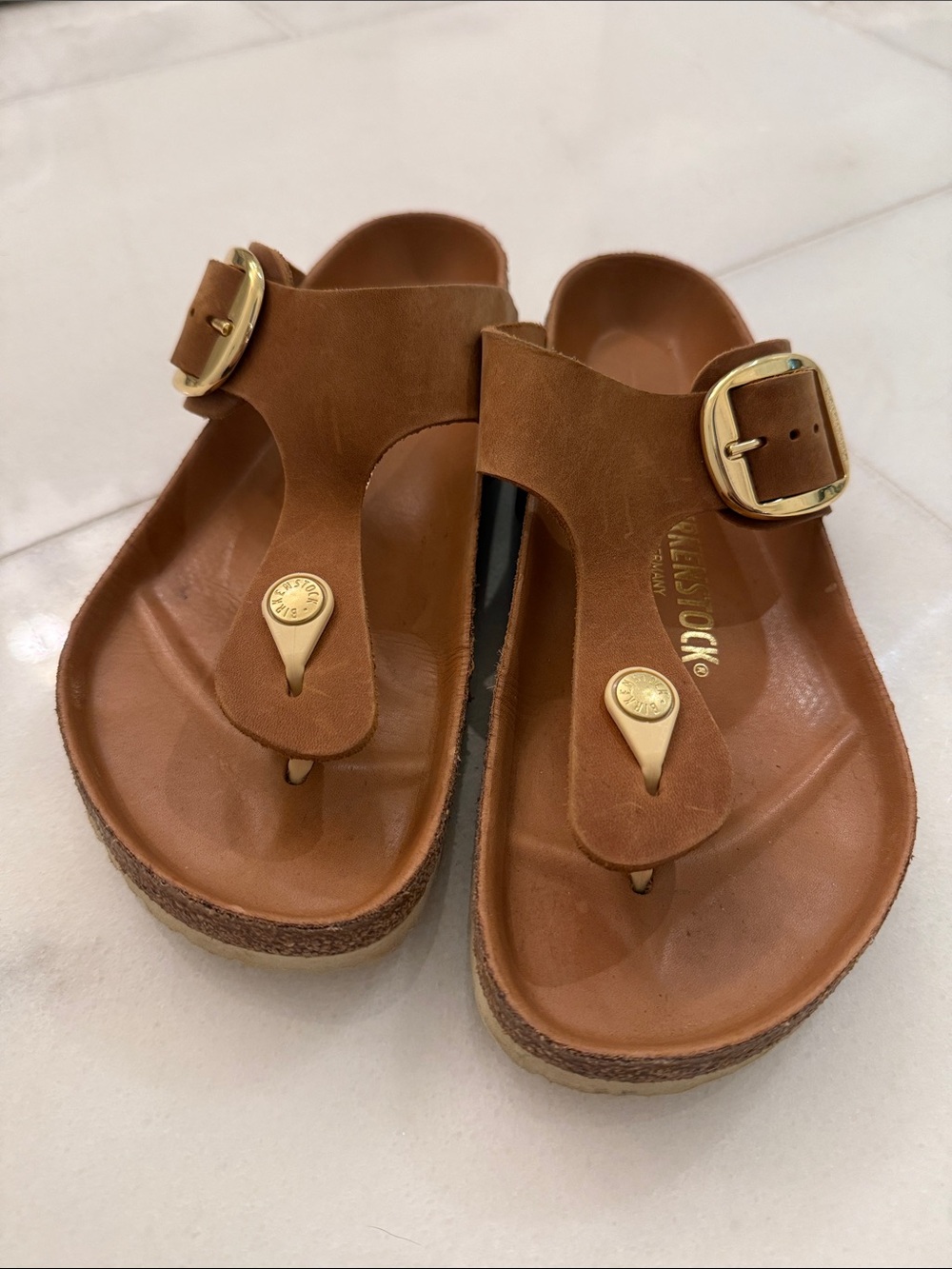 Birkenstock Brown Leather Thong Sandals with Gold Buckles Size 39/8.5/9